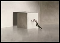 Illustration of man shooting at large cube in empty room-6