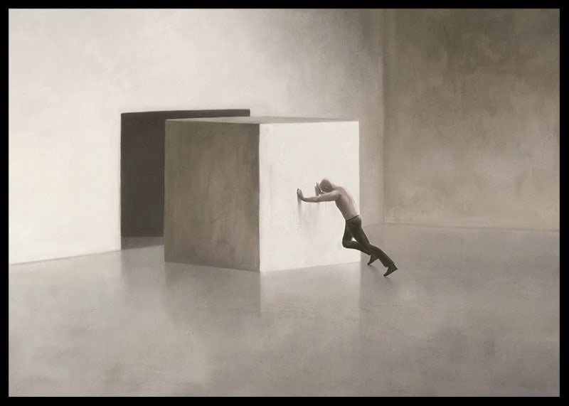 Illustration of man shooting at large cube in empty room-12