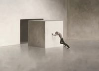 Illustration of man shooting at large cube in empty room-7
