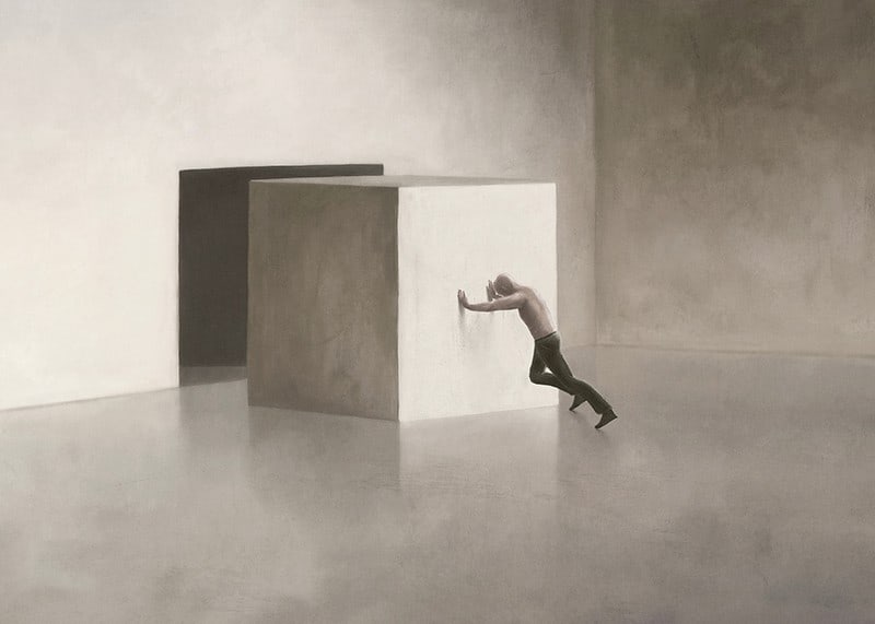 Illustration of man shooting at large cube in empty room-12