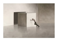 Illustration of man shooting at large cube in empty room-1
