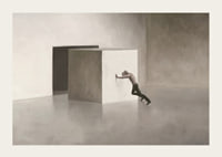 Illustration of man shooting at large cube in empty room-3