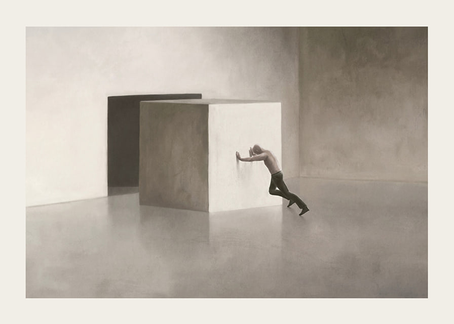 Illustration of man shooting at large cube in empty room-12