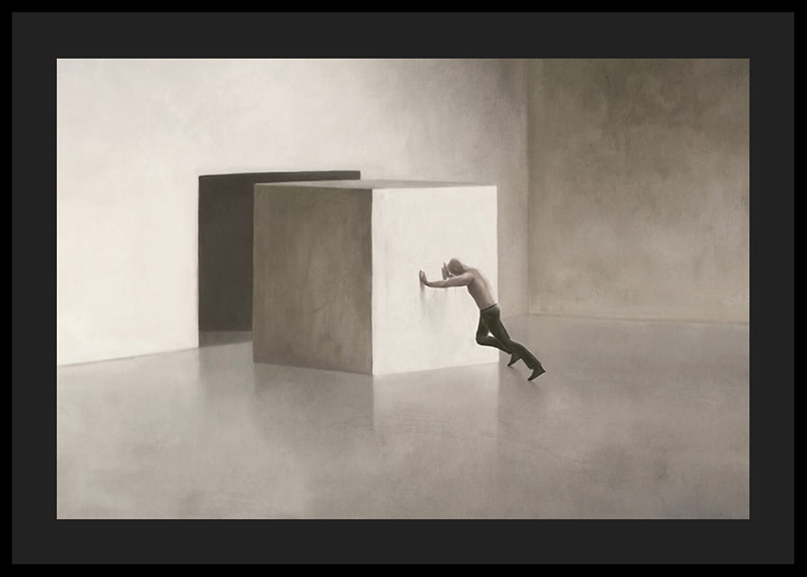 Illustration of man shooting at large cube in empty room-12