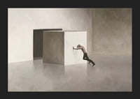 Illustration of man shooting at large cube in empty room-5