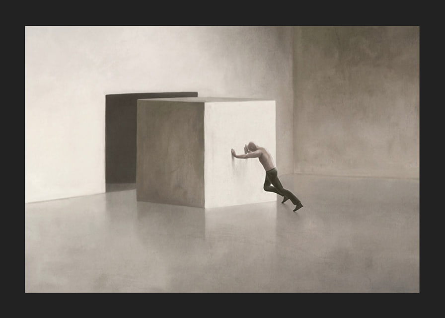 Illustration of man shooting at large cube in empty room-12