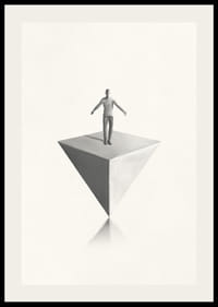 Illustration eines Mannes, der auf einer umgekehrten Pyramide balanciert, in Graustufen-2
