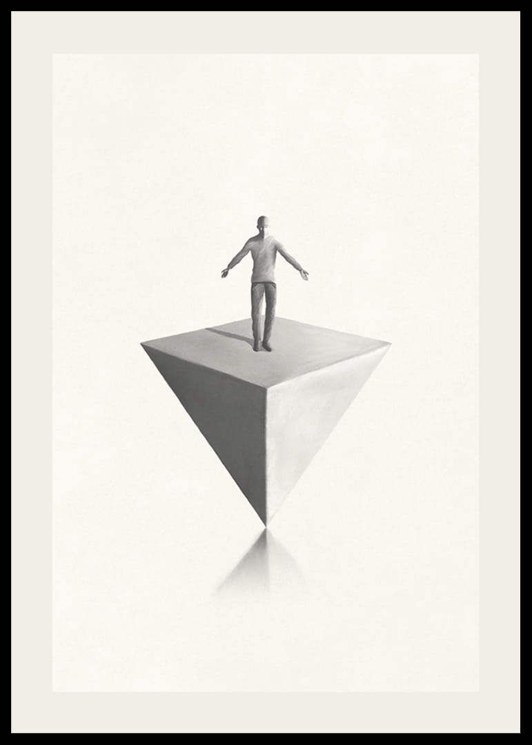 Illustration eines Mannes, der auf einer umgekehrten Pyramide balanciert, in Graustufen-12