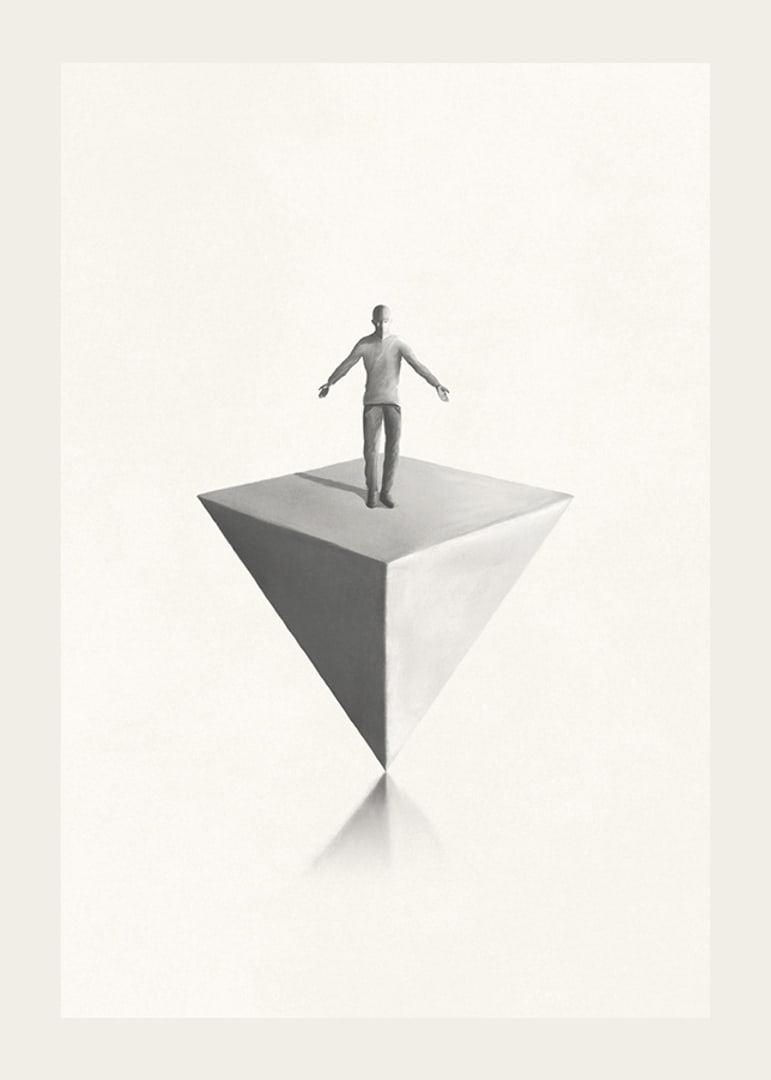 Illustration av man som balanserar på inverterad pyramid i gråskala-12