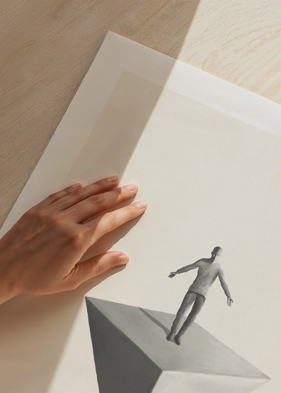 Illustration av man som balanserar på inverterad pyramid i gråskala-12