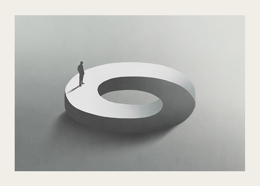 Surreal illustration of man on infinite circle shape-12