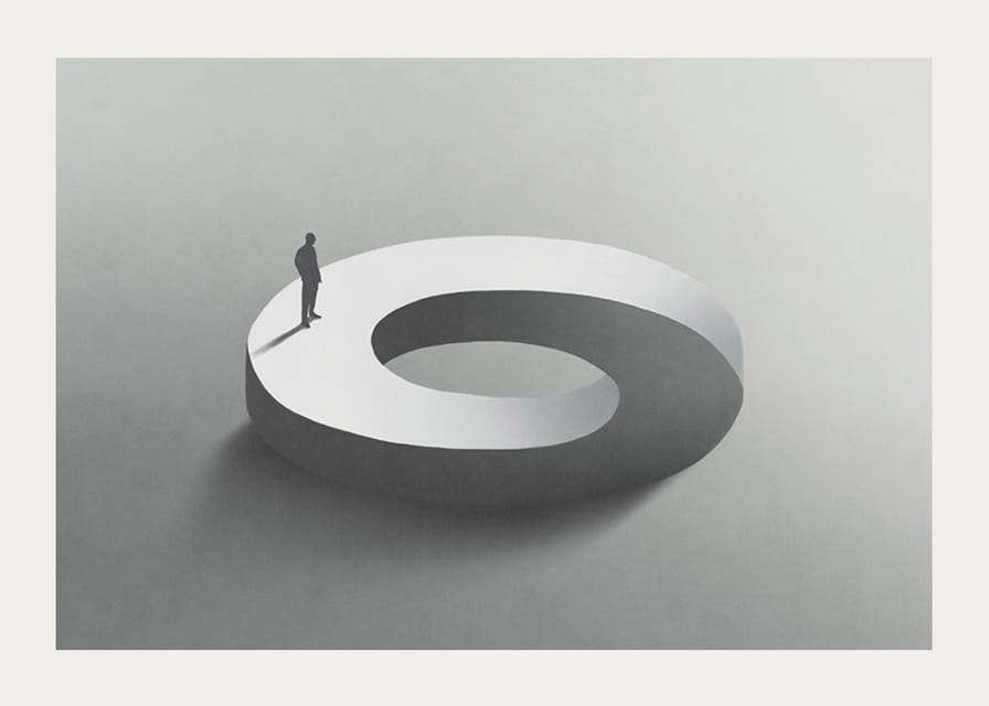 Surrealistisk illustration af mand på uendelig cirkelform-12