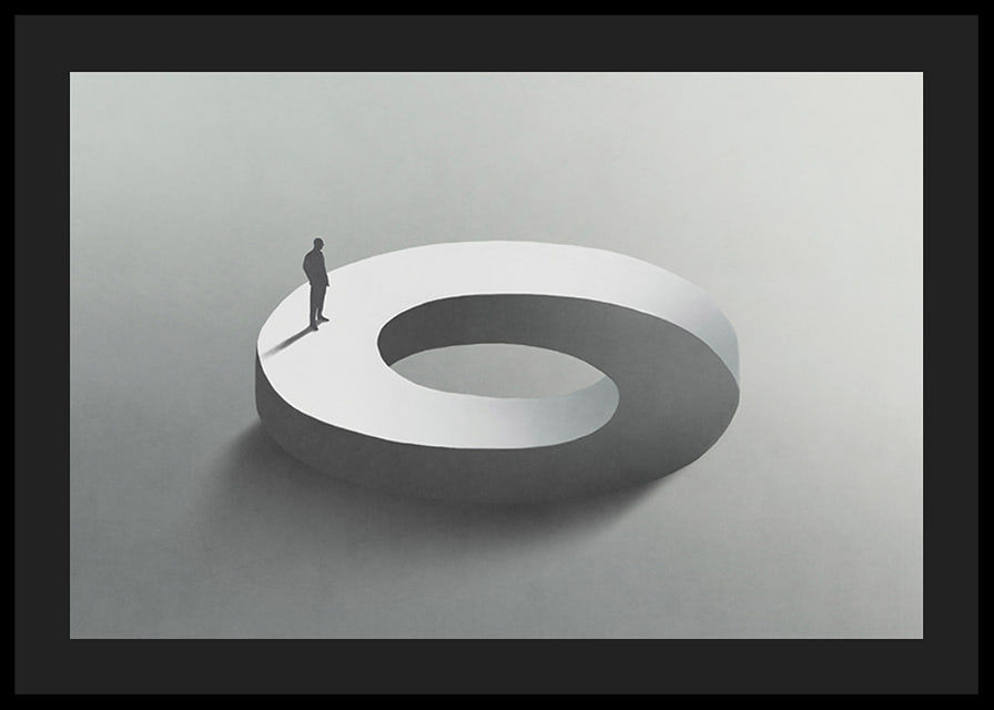 Surreal illustration of man on infinite circle shape-12