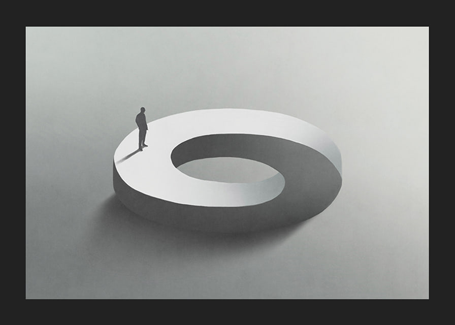 Surreal illustration of man on infinite circle shape-12