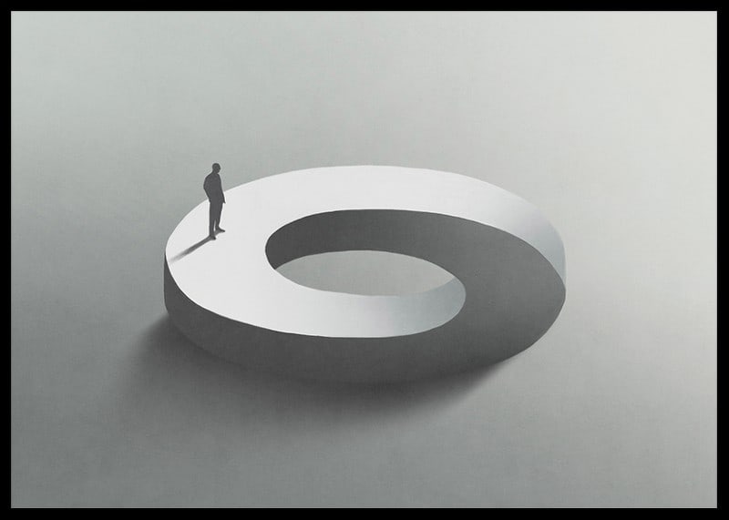 Surreal illustration of man on infinite circle shape-12