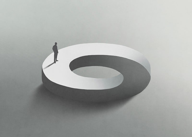 Surreal illustration of man on infinite circle shape-12