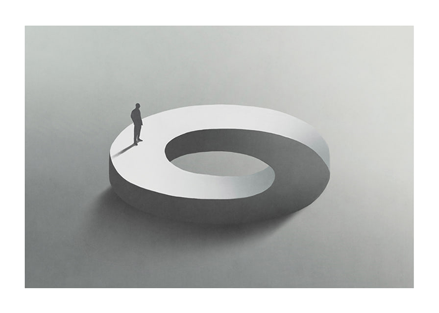Surreal illustration of man on infinite circle shape-12