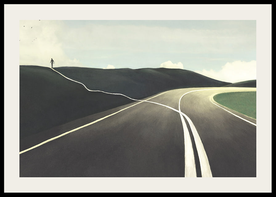 Illustration of road splitting, figure walking towards horizon-12