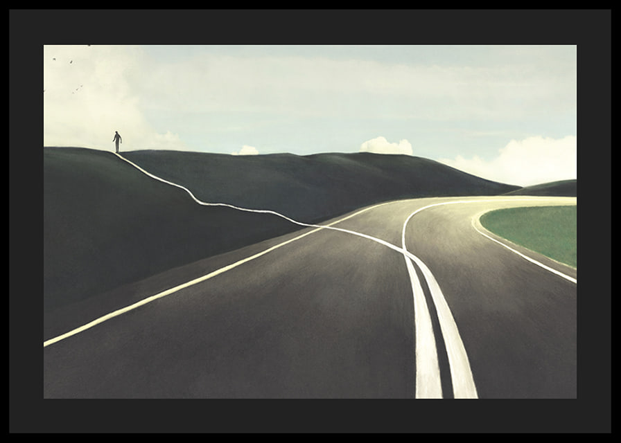 Illustration of road splitting, figure walking towards horizon-12