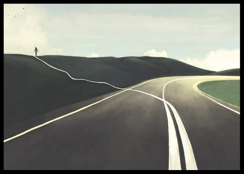 Illustration of road splitting, figure walking towards horizon-12