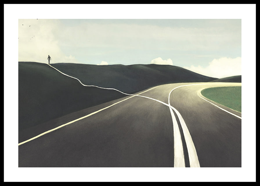 Illustration of road splitting, figure walking towards horizon-12