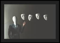 Surreal illustration of faceless man in suit with four floating white masks-0