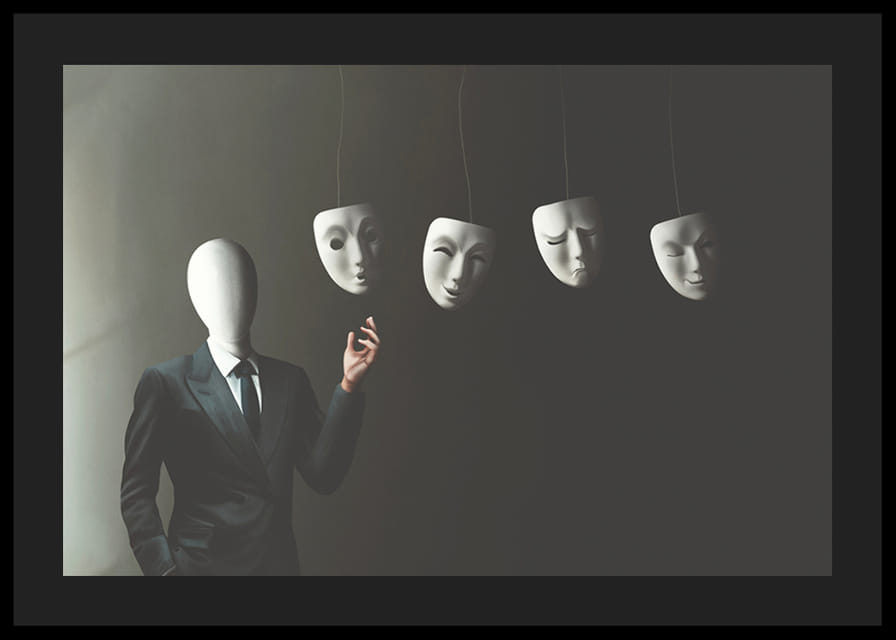 Surreal illustration of faceless man in suit with four floating white masks-12