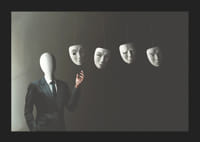 Surreal illustration of faceless man in suit with four floating white masks-1