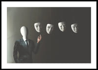 Surreal illustration of faceless man in suit with four floating white masks-2