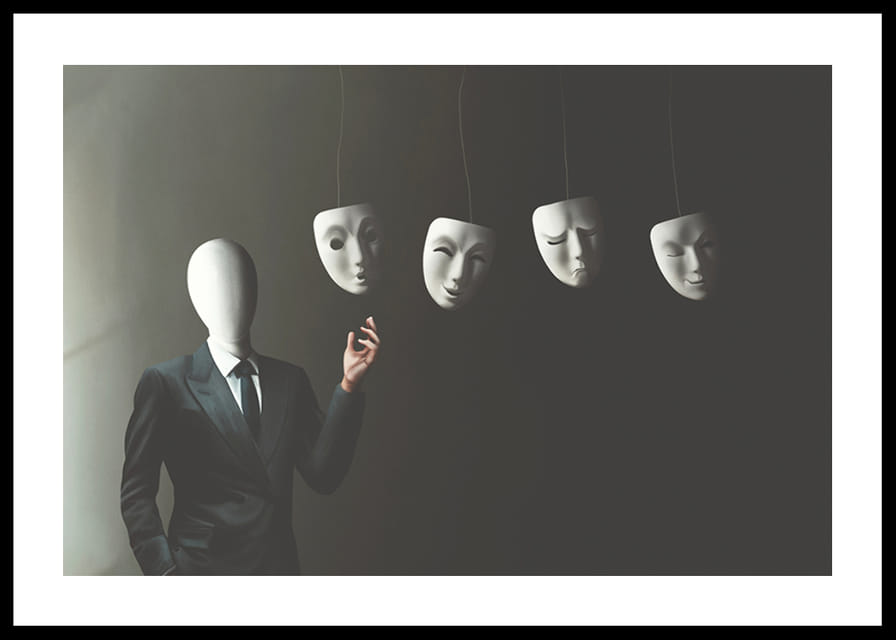 Surreal illustration of faceless man in suit with four floating white masks-12