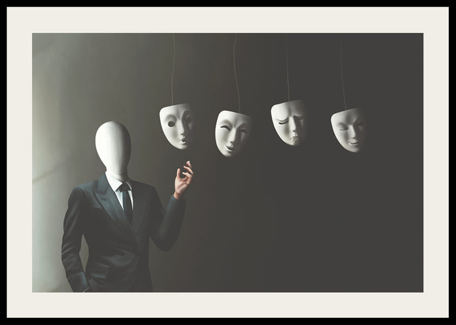 Surreal illustration of faceless man in suit with four floating white masks-12