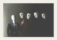 Surreal illustration of faceless man in suit with four floating white masks-5