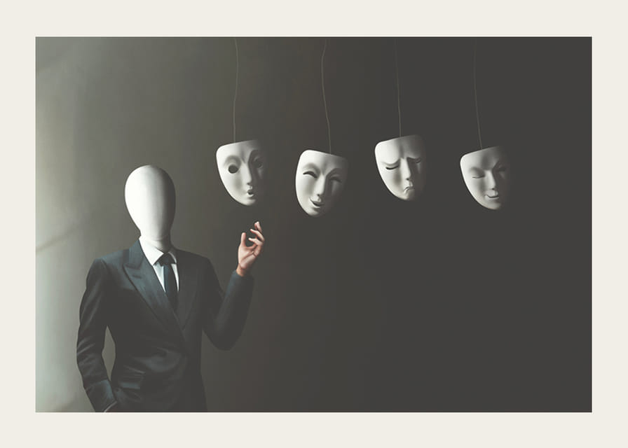 Surreal illustration of faceless man in suit with four floating white masks-12