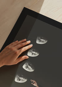 Surreal illustration of faceless man in suit with four floating white masks-8