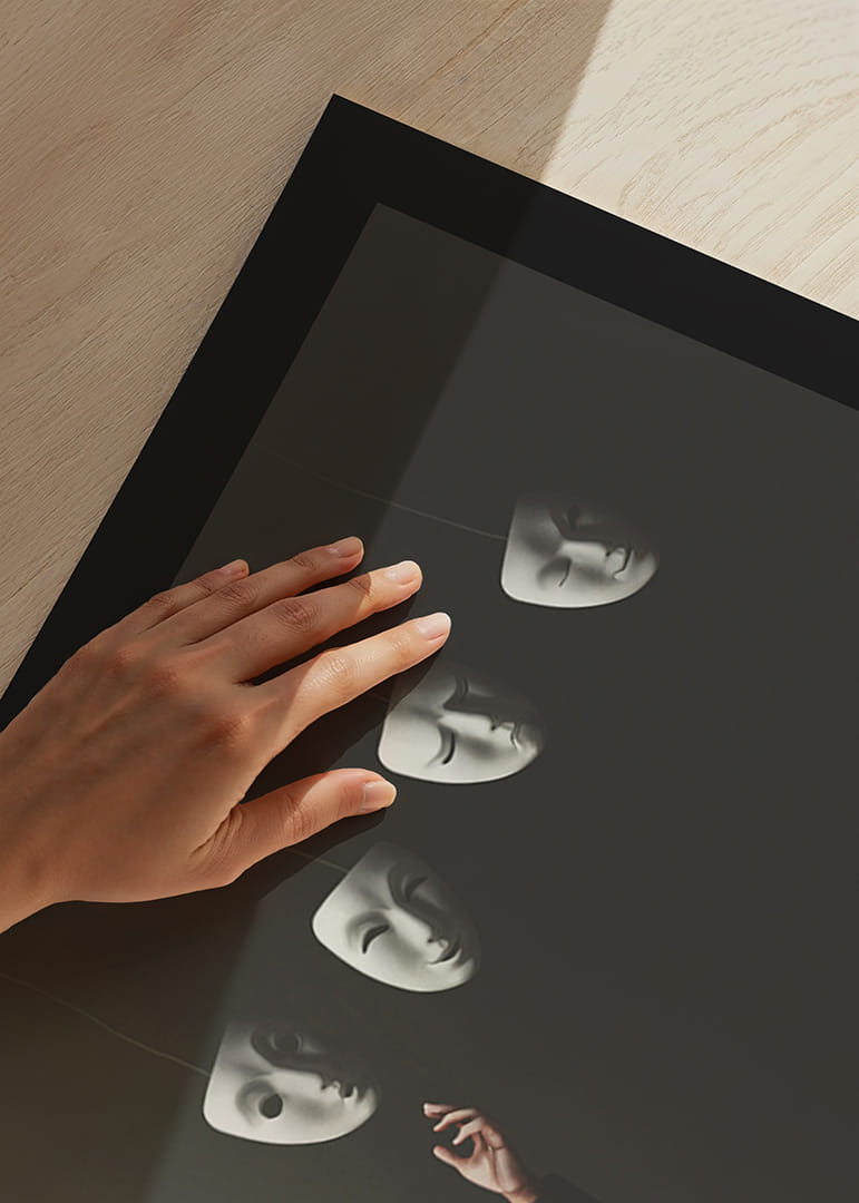 Surreal illustration of faceless man in suit with four floating white masks-12