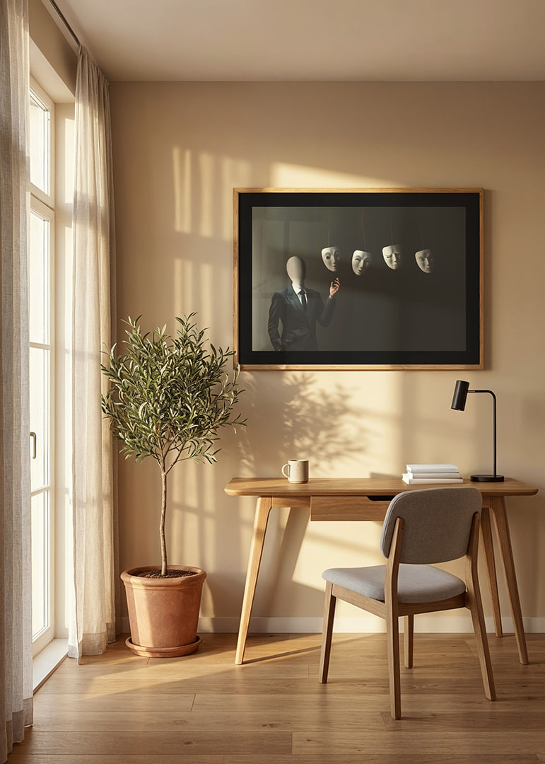 Surreal illustration of faceless man in suit with four floating white masks-12