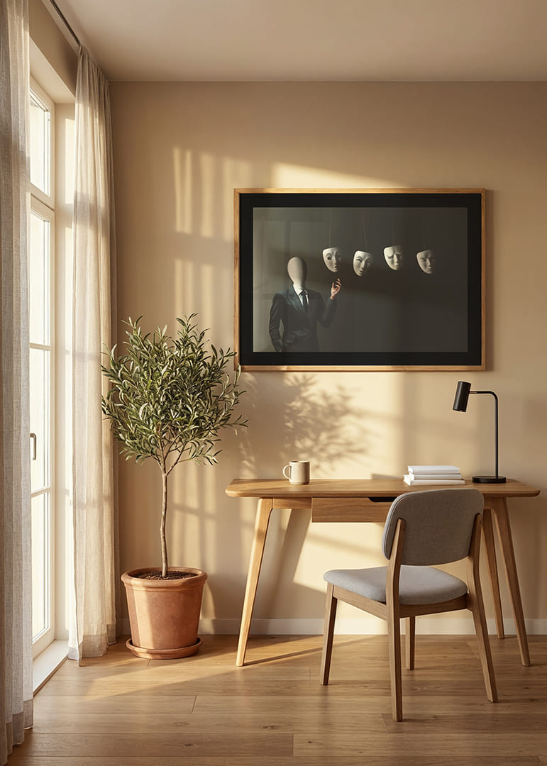 Surreal illustration of faceless man in suit with four floating white masks-12