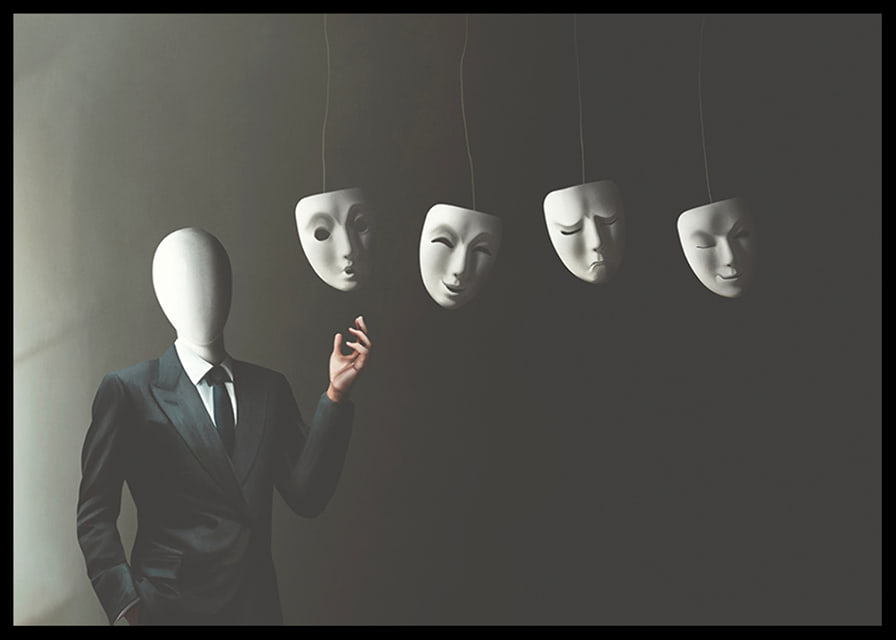 Surreal illustration of faceless man in suit with four floating white masks-12