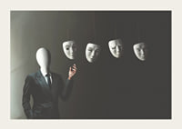 Surreal illustration of faceless man in suit with four floating white masks-3