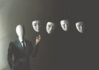 Surreal illustration of faceless man in suit with four floating white masks-7