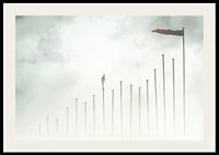 Surreal illustration of man on tall pillars in fog-2