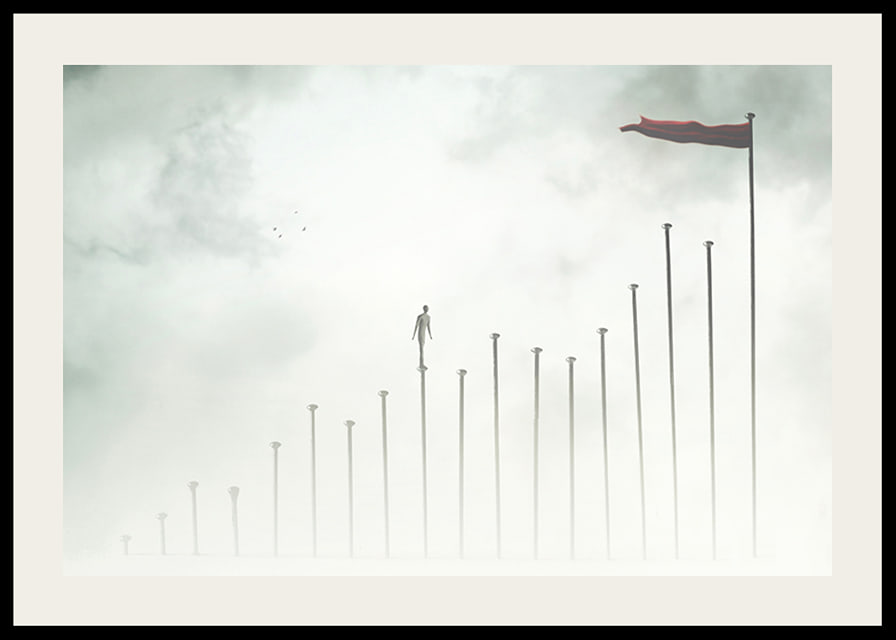 Surreal illustration of man on tall pillars in fog-12