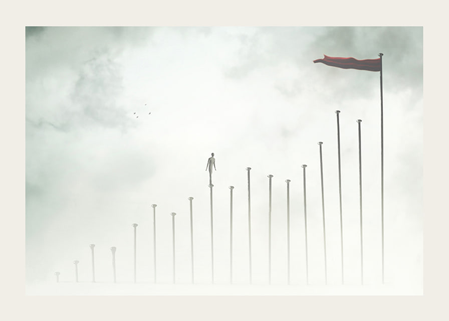 Surreal illustration of man on tall pillars in fog-12
