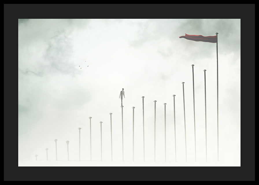 Surreal illustration of man on tall pillars in fog-12