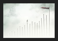 Surreal illustration of man on tall pillars in fog-5