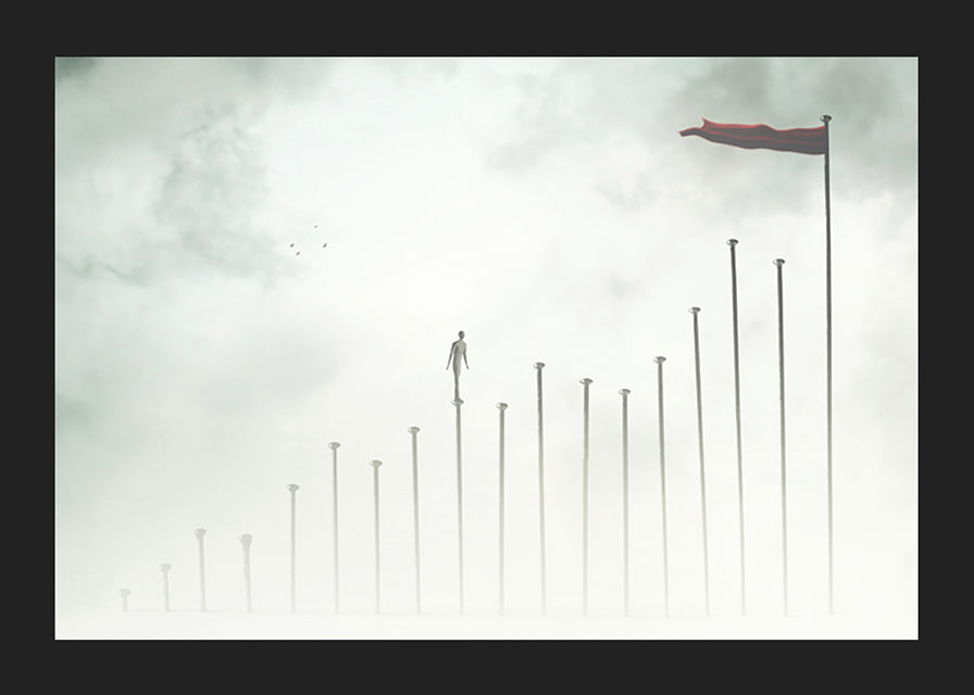 Surreal illustration of man on tall pillars in fog-12