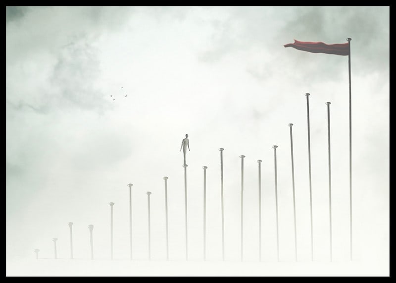 Surreal illustration of man on tall pillars in fog-12