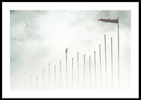 Surreal illustration of man on tall pillars in fog-0