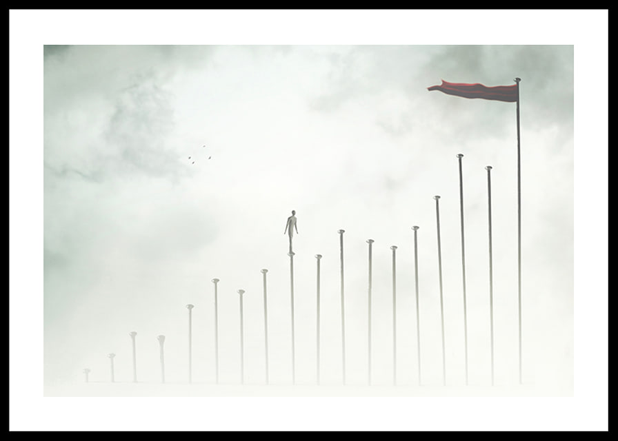 Surreal illustration of man on tall pillars in fog-12