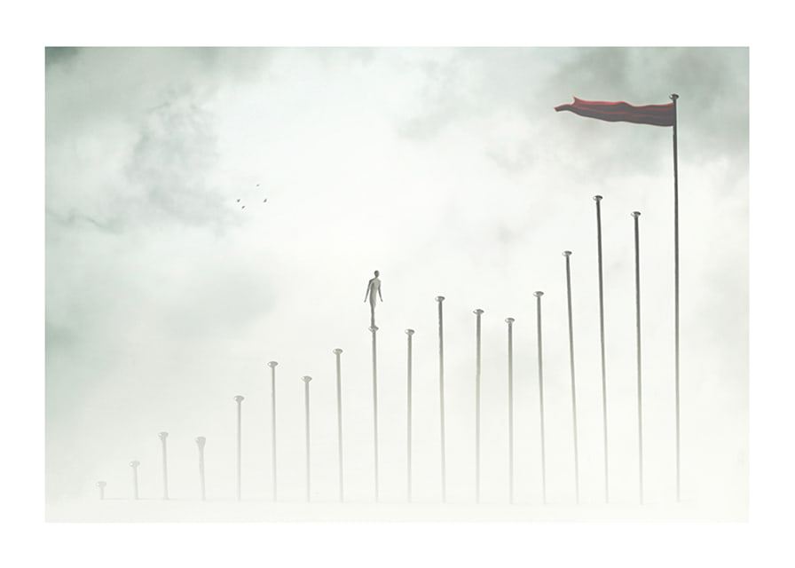 Surreal illustration of man on tall pillars in fog-12